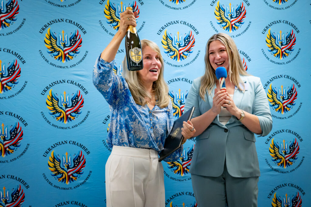 Beth Huddleston and Tamara Velsher celebrate the opening of the U.S.–Ukrainian Chamber of Commerce's Dallas office.